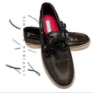 Sperry Top-Sider Black with Gold Polkadots Slip-On Loafer/Boat Shoes